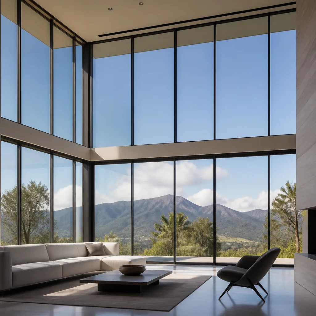 Floor to ceiling panoramic glass window installation in modern living room