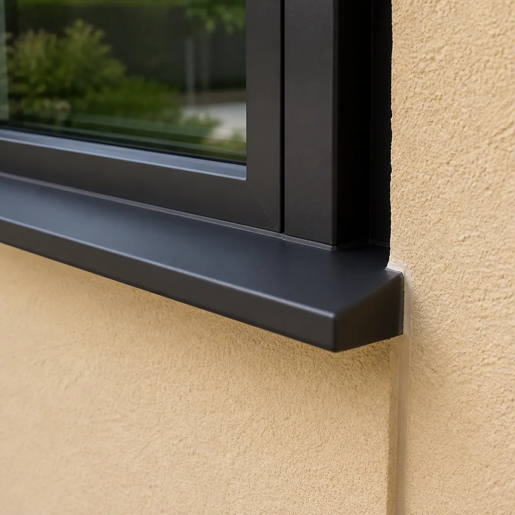 Modern black metal window frame with professional sill installation