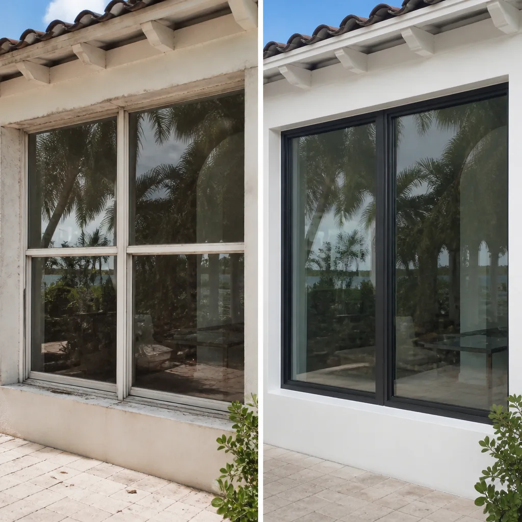 Before and after professional window replacement showcasing modern black frame upgrade